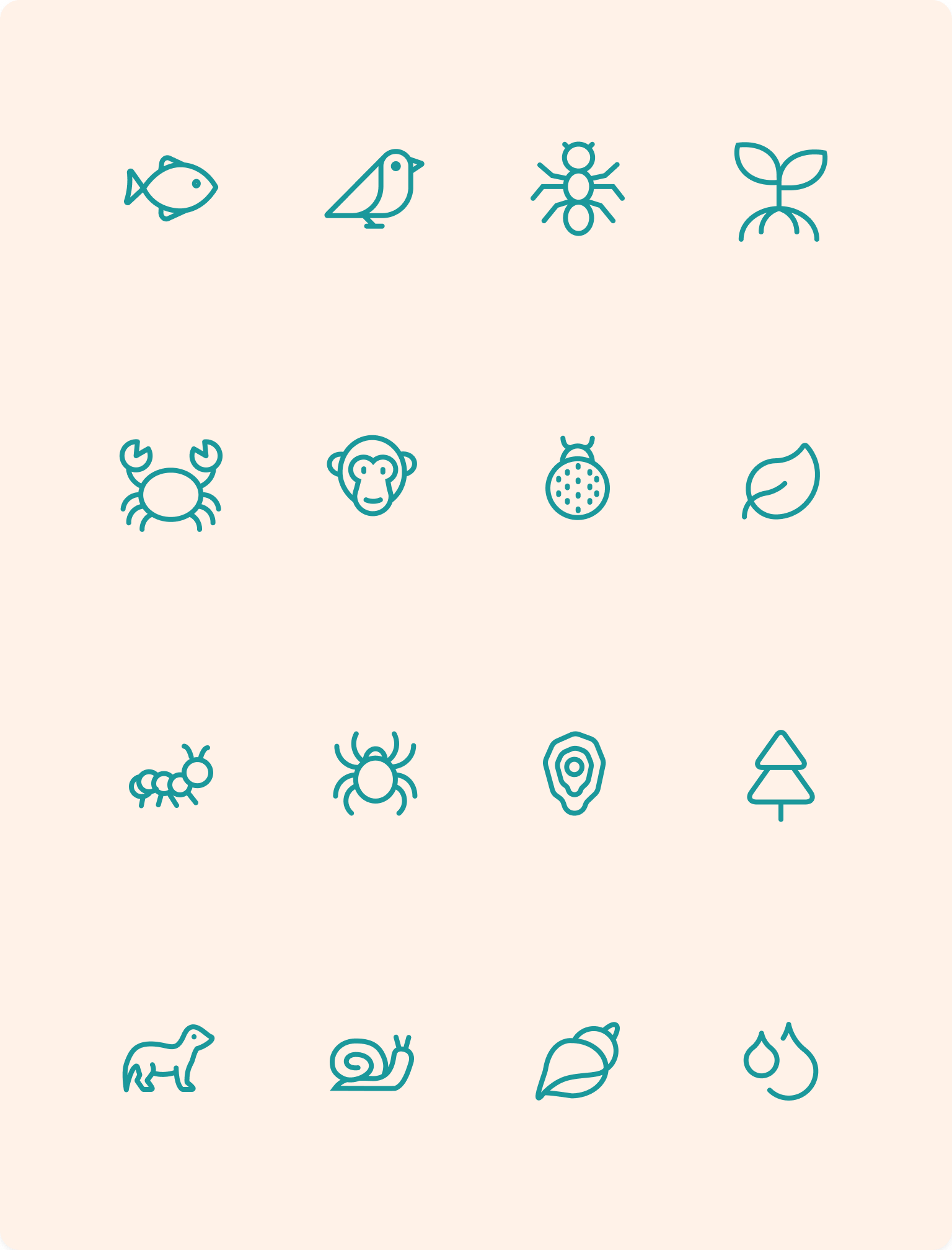 Icon set, fauna, flora and field markers in teal stroke style