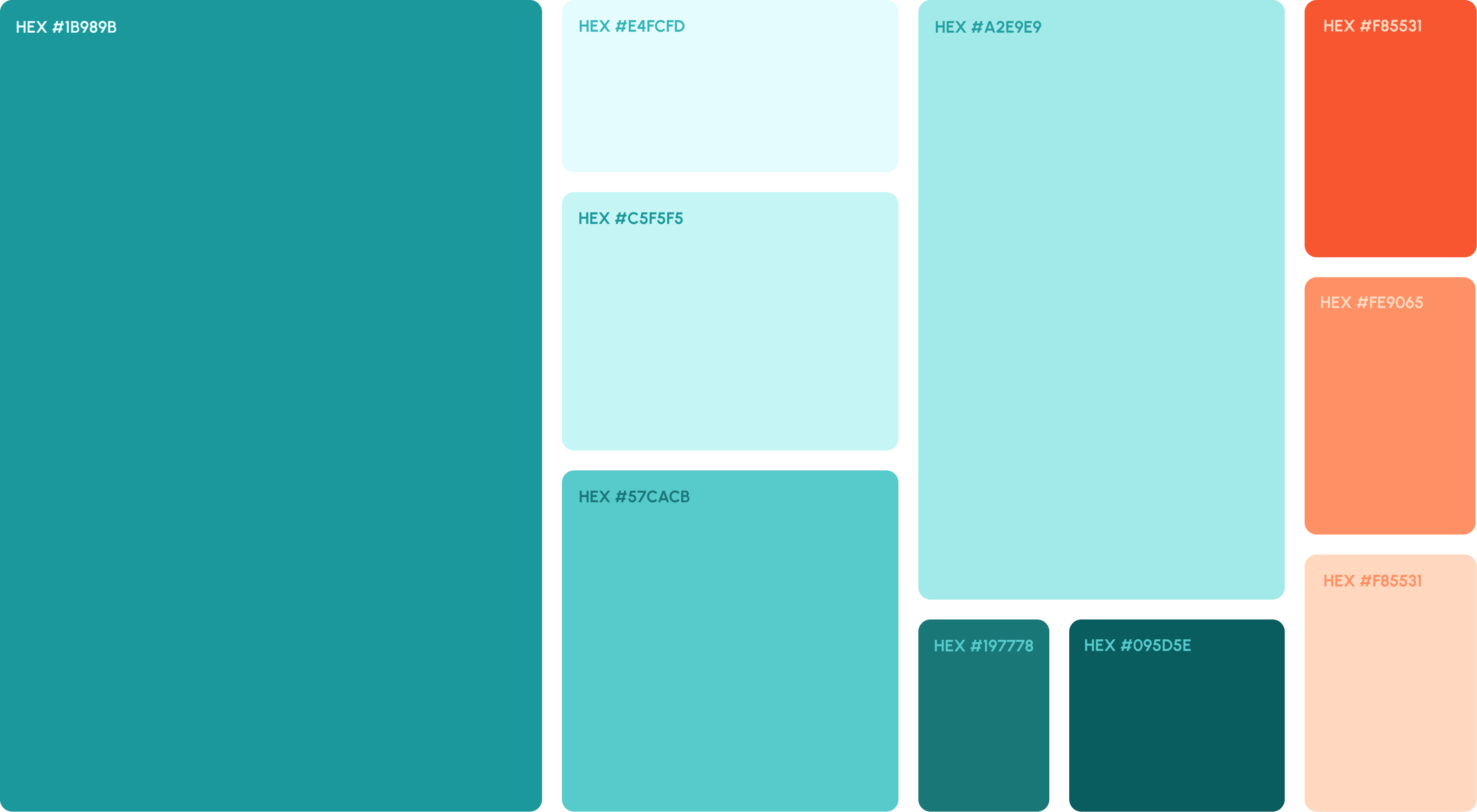 Color palette with hex codes: #1B989B teal primary, #197778/#095D5E deep teals, #E4FCFD/#C5F5F5/#A2E9E9/#57CACB ice and mint tints, #F85531 coral, #FE9065 peach