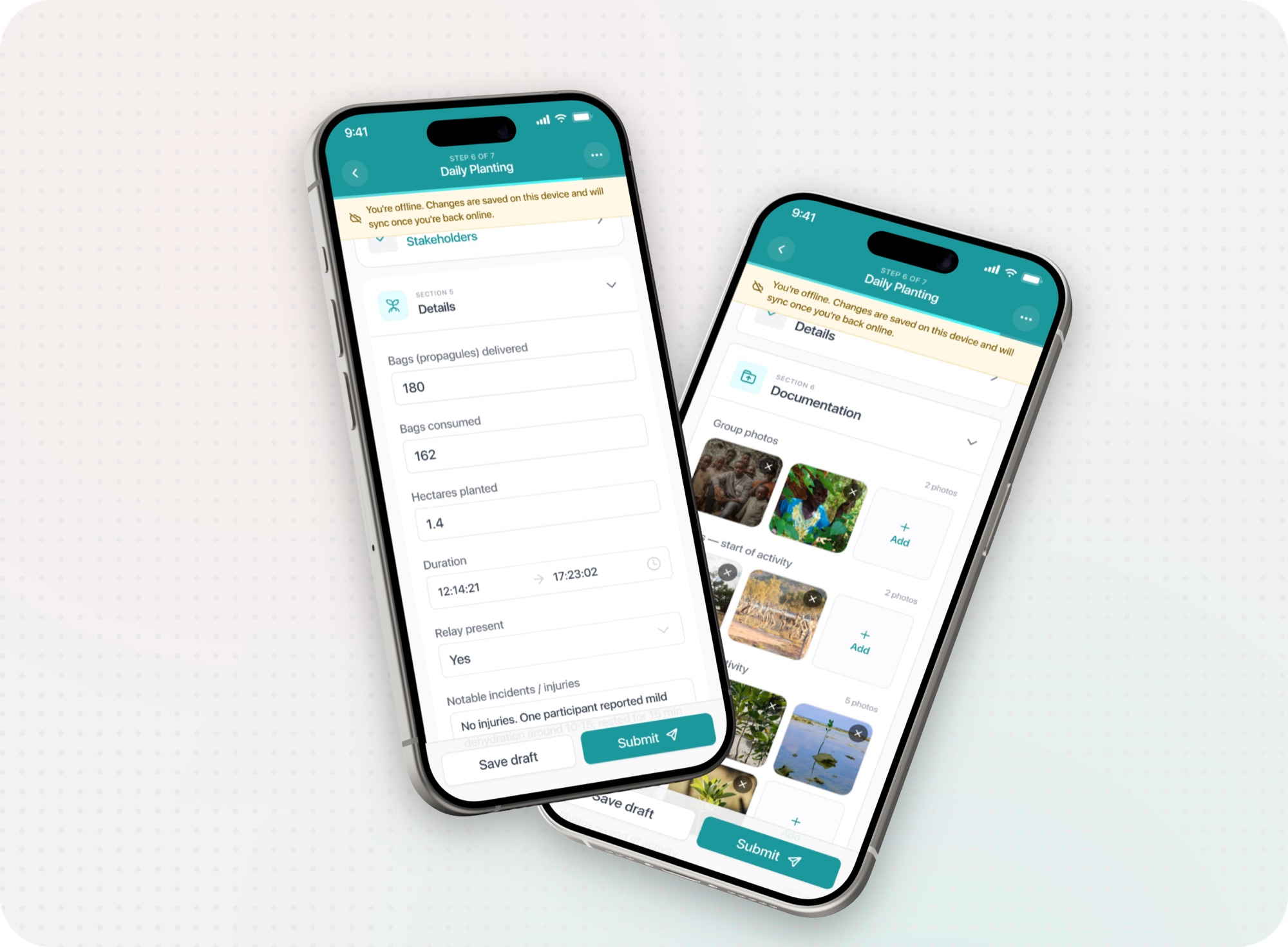 Two iPhones showing the Daily Planting form, details, species data, photo evidence, and submit/save draft actions