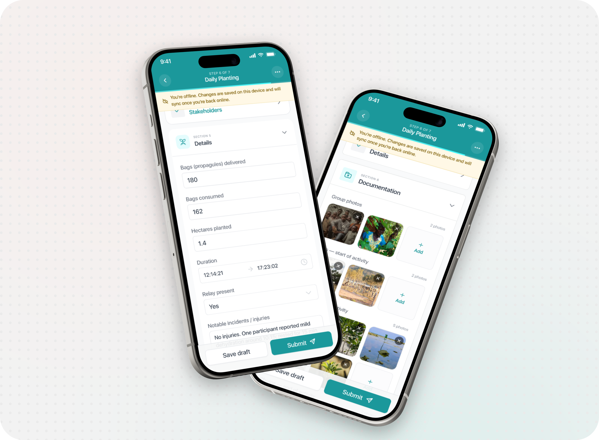 Two iPhones showing the Daily Planting form, details, species data, photo evidence, and submit/save draft actions