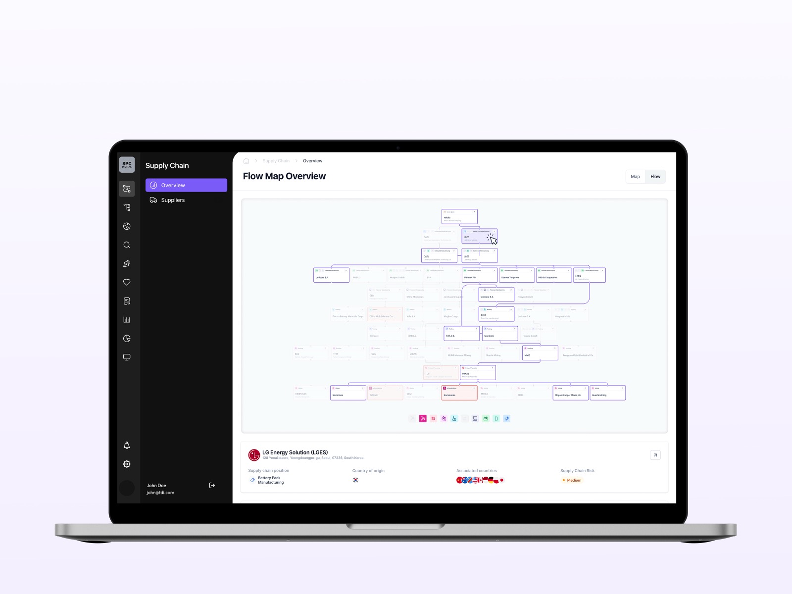 Supply chain flow map on a laptop, the cobalt route from artisanal mine sites in the DRC up through refiners and cathode makers to the battery pack manufacturer
