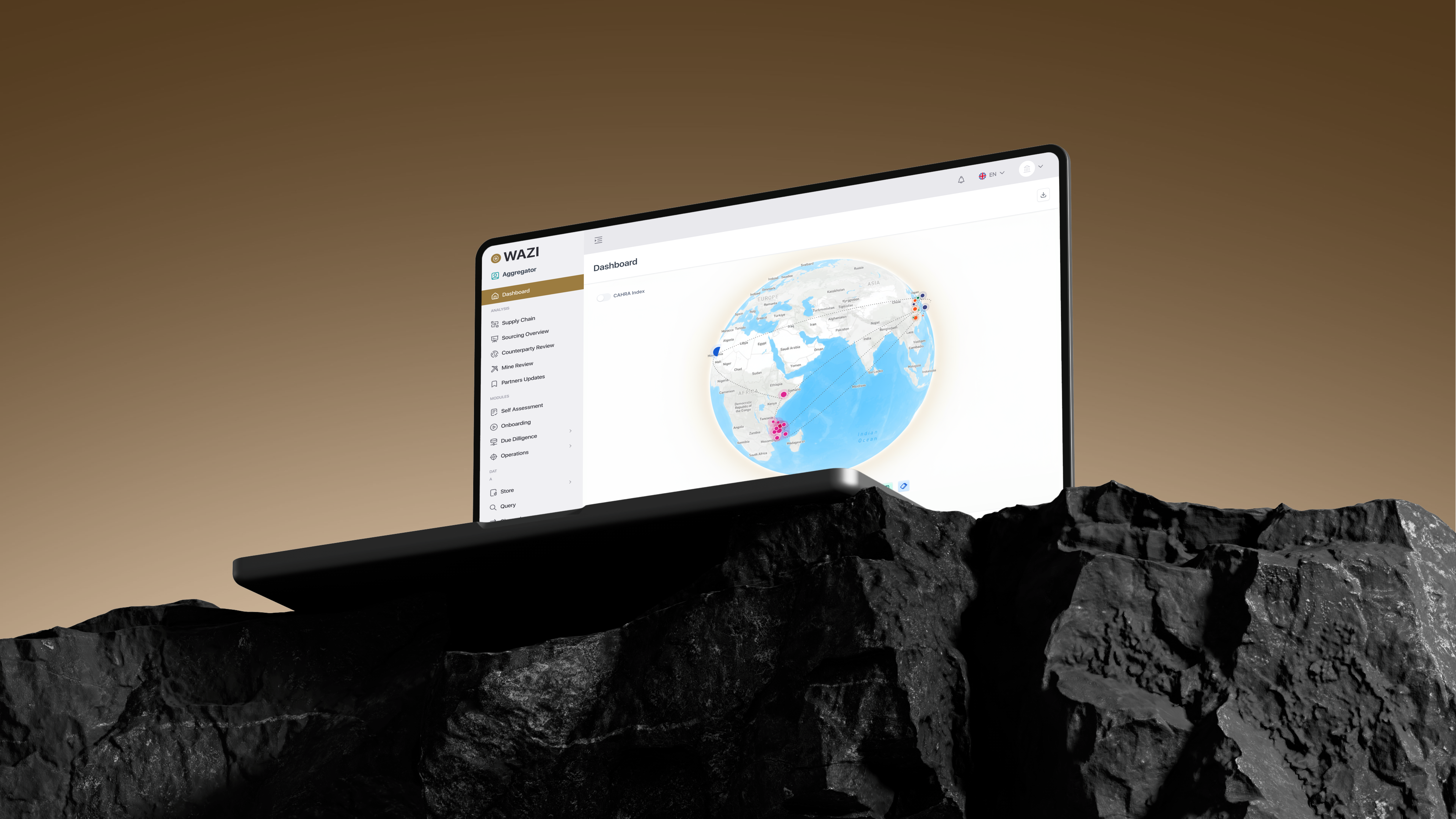 A laptop perched on a rocky outcrop displaying the WAZI dashboard, sidebar with Aggregator modules, a 3D globe with stakeholder pins across Africa, the Middle East and Asia, and a warm gold backdrop