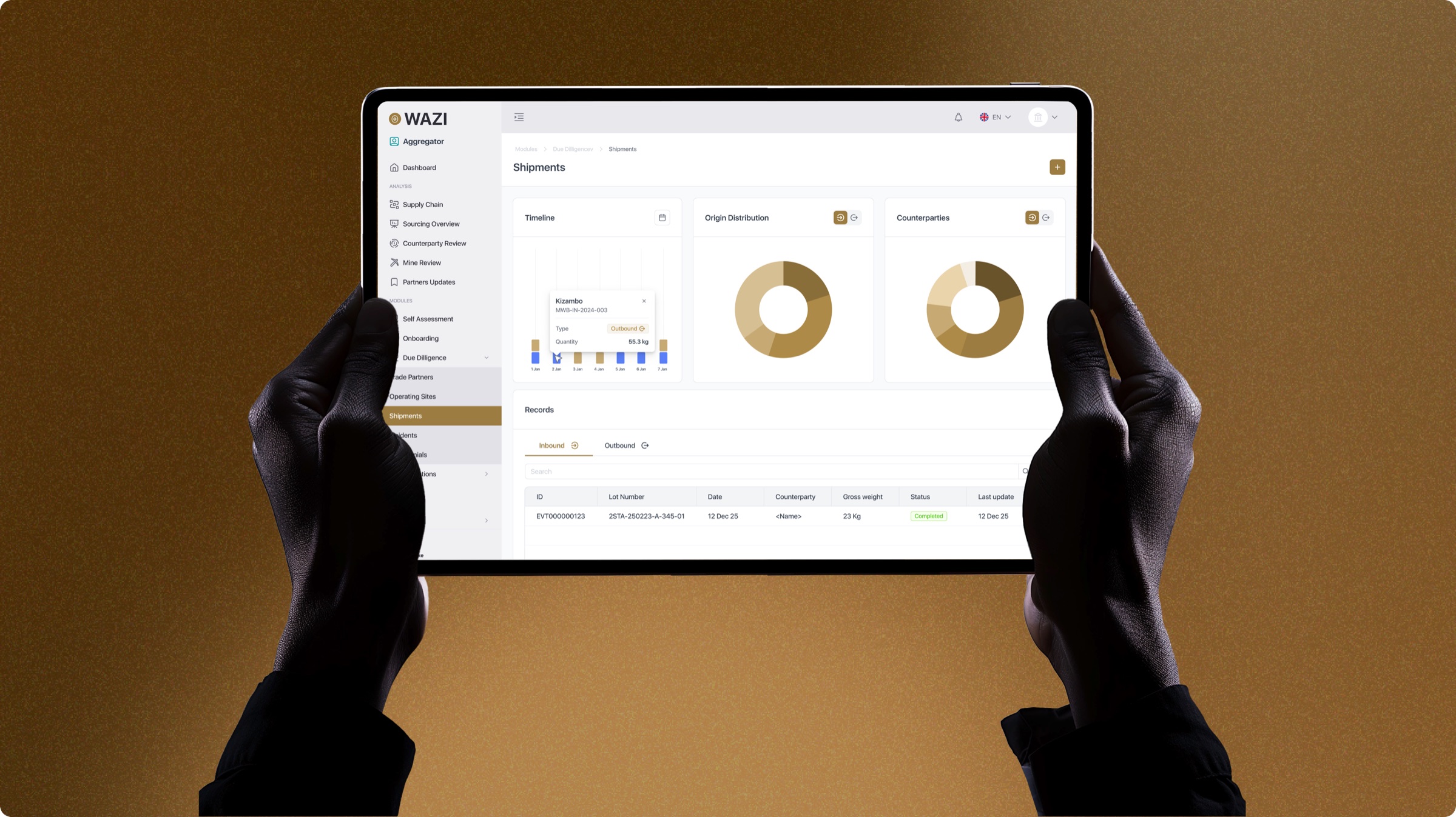 WAZI Shipments view on a tablet held in two hands, over a warm gold gradient backdrop