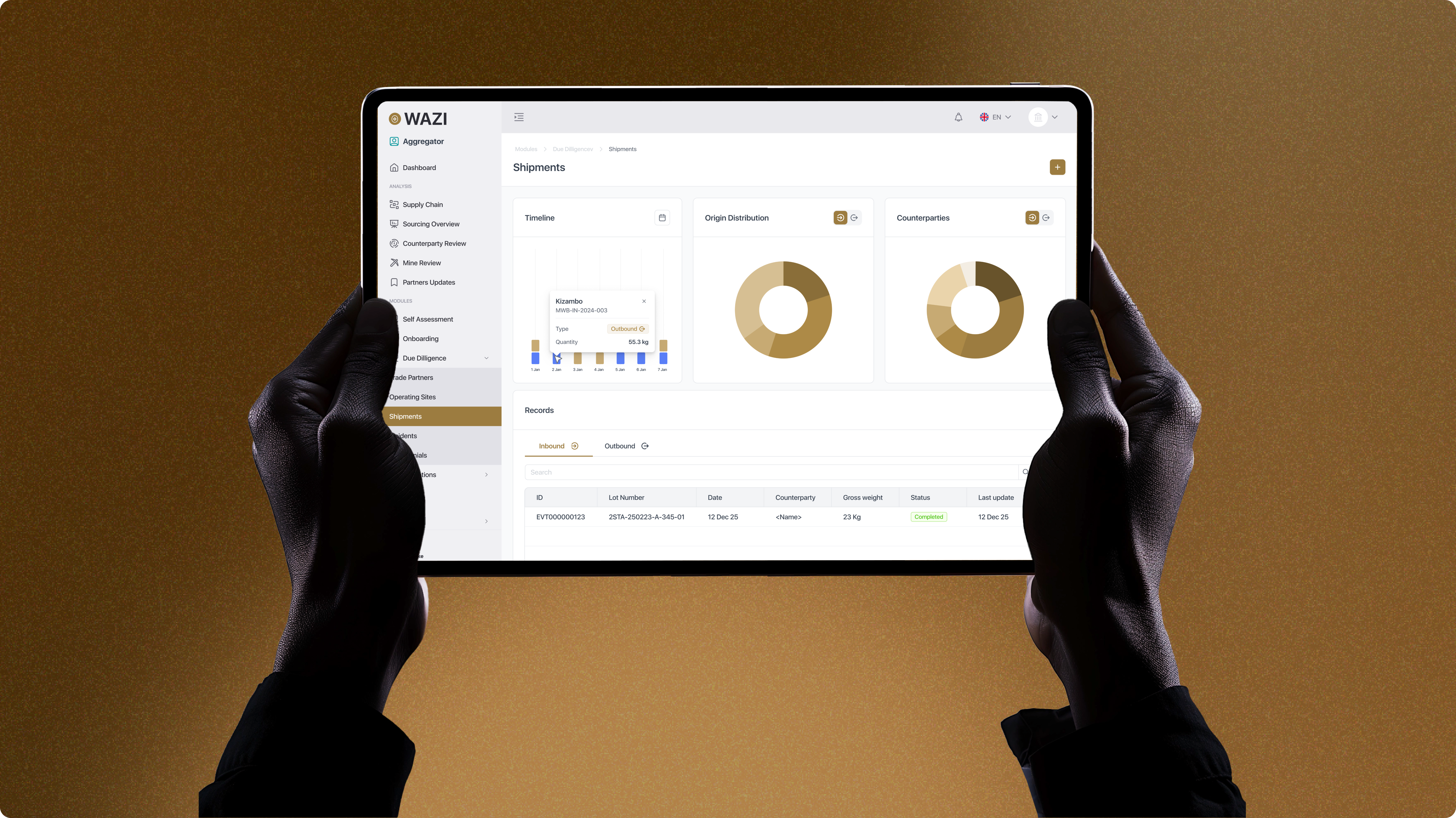 WAZI Shipments view on a tablet held in two hands, over a warm gold gradient backdrop